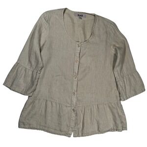 FLAX Button Up Top Women's Small Beige Linen Peplum Ruffle 3/4 Sleeve Lagenlook
